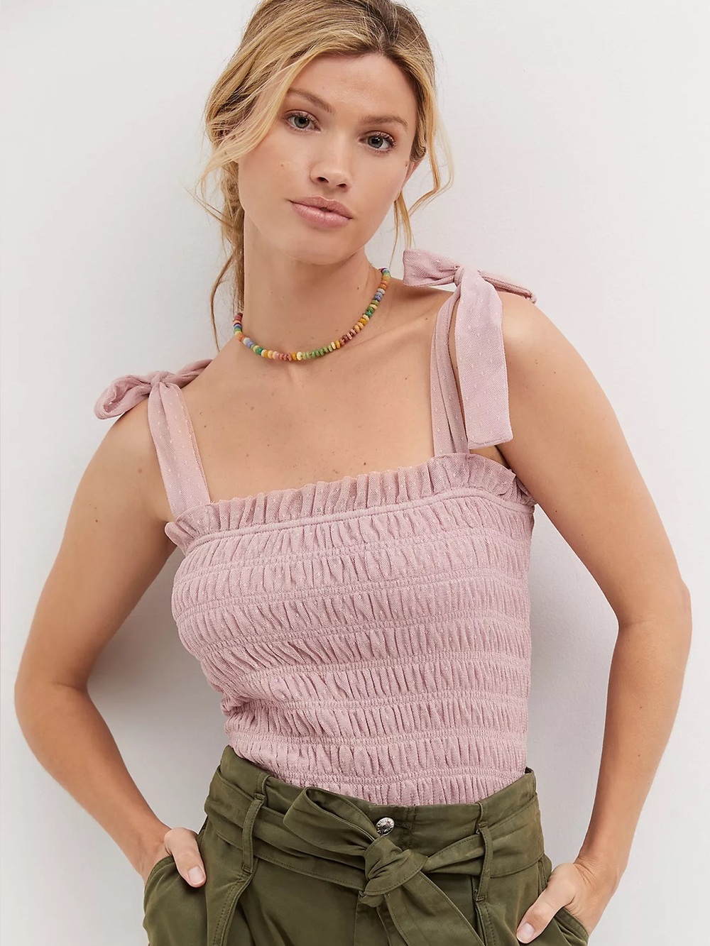 by Anthropologie Smocked Cami Tank Top Tulle Rose Tie Strap Square Neck sz Large